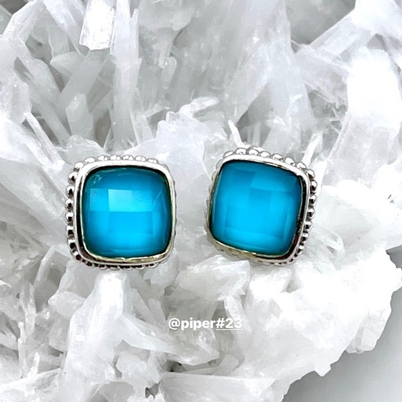 EUC Judith Ripka JR TWO Sterling Silver 18K Gold Turquoise Doublet Stud Earrings - Picture 6 of 11